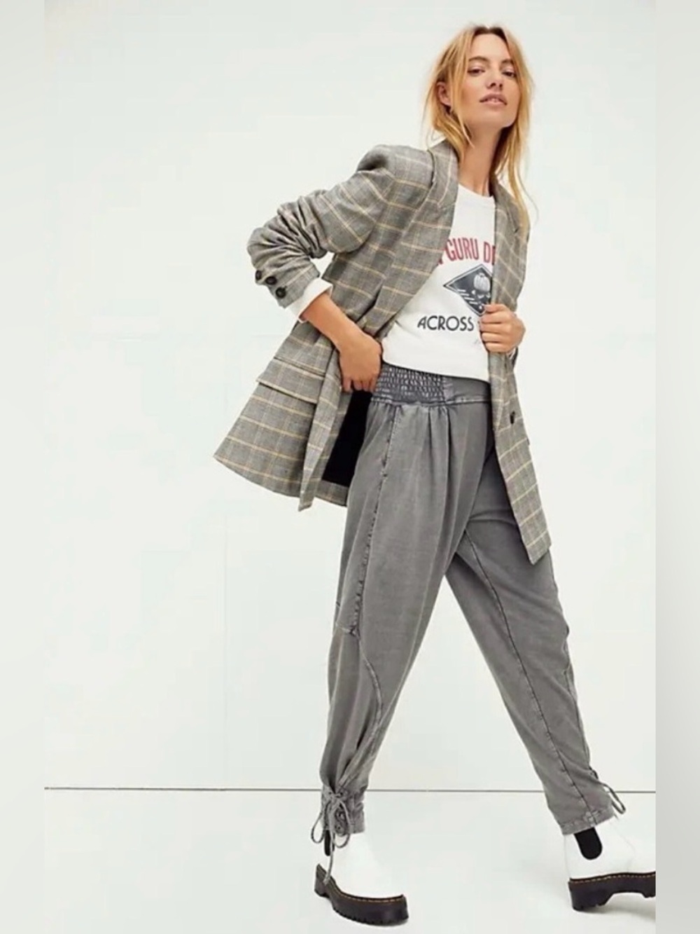 Free People FP One Billie Harem Jogger Pants Grey Wash Smocked Waist Size XS